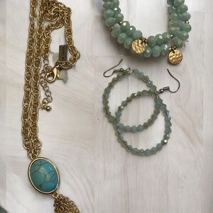Gold & Turquoise Necklace from The Limited w/ Matching Beaded Bracelets & Hoops
